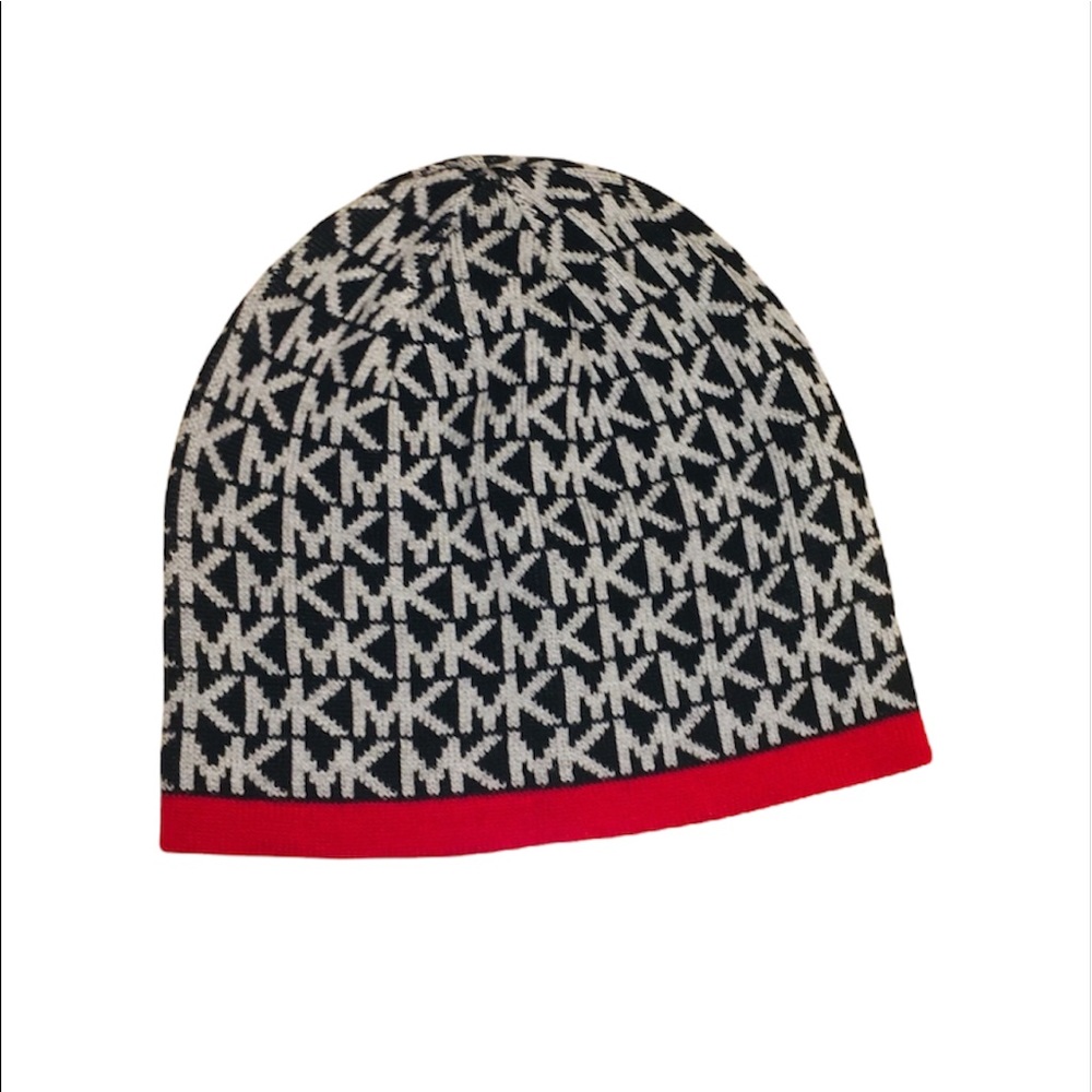 New Michael Kors: One Size Black, Gray, Red Knit Logo Beanie